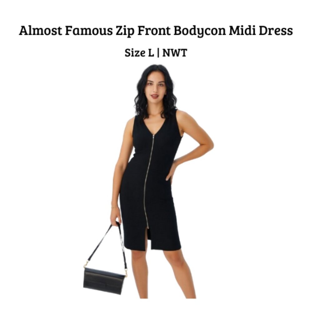 SOLD - Almost Famous Black Zip Front Bodycon Midi Dress | Size L | NWOT